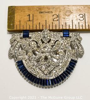 Vintage Edwardian Clear & Blue Rhinestone Brooch or Clip.  Measures approximately 3" x 2".
