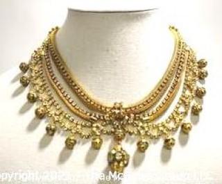 Vintage Gold Tone & Rhinestone Bib Necklace.  