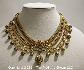 Vintage Gold Tone & Rhinestone Bib Necklace.  