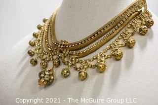 Vintage Gold Tone & Rhinestone Bib Necklace.  