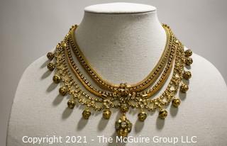 Vintage Gold Tone & Rhinestone Bib Necklace.  