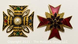 Two (2) Vintage Rhinestone Maltese Cross Brooches or Pins. 