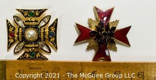 Two (2) Vintage Rhinestone Maltese Cross Brooches or Pins. 