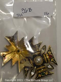 Two (2) Vintage Rhinestone Maltese Cross Brooches or Pins. 