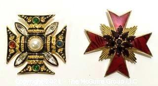 Two (2) Vintage Rhinestone Maltese Cross Brooches or Pins. 