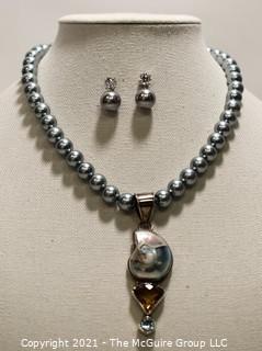 Faux Grey Pearl Necklace & Matching Earrings with Ammonite Fossil Pendant.