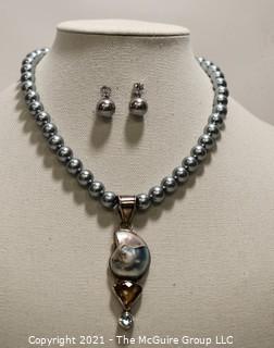 Faux Grey Pearl Necklace & Matching Earrings with Ammonite Fossil Pendant.