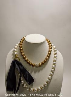 Two (2) Faux Pearl Necklaces, Includes Lafayette 148 New York Opera Length Large Pearls with Ribbon Tie Closure