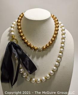 Two (2) Faux Pearl Necklaces, Includes Lafayette 148 New York Opera Length Large Pearls with Ribbon Tie Closure