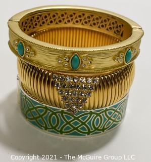 Three (3) Gold Tone Bangle Bracelts with Enamel Decoration.  One signed Stella & Dot. 