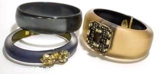 Two (2) Alexis Bittar Tapered Lucite Hinge Bracelets with Swarovski Crystals and One (1) Lucite Bangle Bracelet Unsigned.