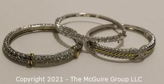 Three (3) Silver Tone Bangle Bracelets with Rhinestone Accents.