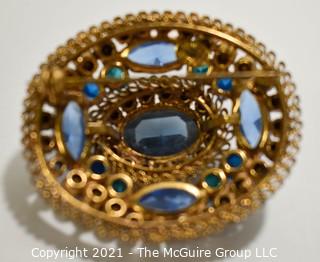 Vintage Blue Crystal Encrusted Bezel Set Brooch or Pin. 