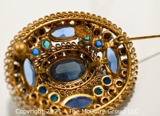 Vintage Blue Crystal Encrusted Bezel Set Brooch or Pin. 