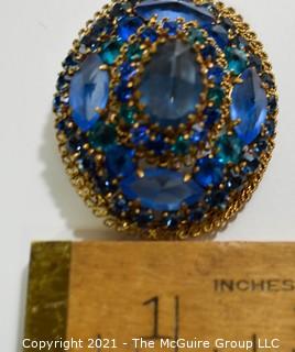 Vintage Blue Crystal Encrusted Bezel Set Brooch or Pin. 