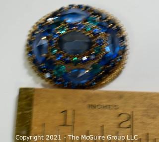 Vintage Blue Crystal Encrusted Bezel Set Brooch or Pin. 