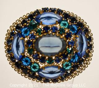 Vintage Blue Crystal Encrusted Bezel Set Brooch or Pin. 