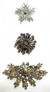 Three (3) Vintage Rhinestone Encrusted Brooches or Pins.