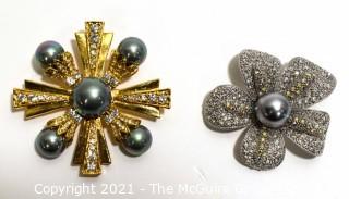 Two Rhinestone and Faux Pearl Broochs, Signed Ann Hand and Sung. 