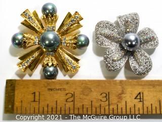 Two Rhinestone and Faux Pearl Broochs, Signed Ann Hand and Sung. 