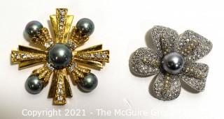 Two Rhinestone and Faux Pearl Broochs, Signed Ann Hand and Sung. 