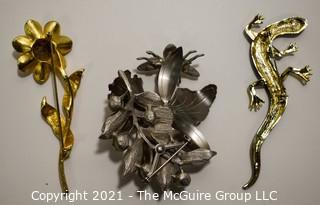 Three (3) Vintage Brooches or Pins Including Enamel Flower, Enamel & Crystal Salamander and BSK & Rhinestone Flower 