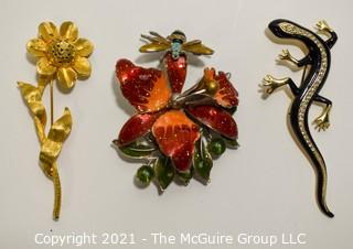 Three (3) Vintage Brooches or Pins Including Enamel Flower, Enamel & Crystal Salamander and BSK & Rhinestone Flower 