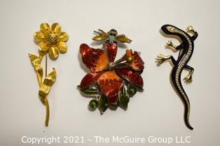 Three (3) Vintage Brooches or Pins Including Enamel Flower, Enamel & Crystal Salamander and BSK & Rhinestone Flower 