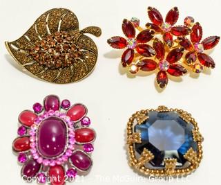 Set of Four (4) Vintage Rhinestone Brooches or Pins in Bright Clear Colors. 
