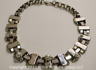 Vintage St John Abstract Geometric Silver with Faux Pearl Necklace.  