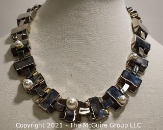 Vintage St John Abstract Geometric Silver with Faux Pearl Necklace.  