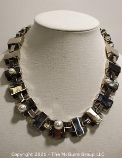 Vintage St John Abstract Geometric Silver with Faux Pearl Necklace.  