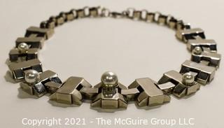 Vintage St John Abstract Geometric Silver with Faux Pearl Necklace.  