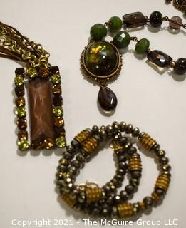 Three (3) Crystal & Stone Beaded Costume Necklaces. 