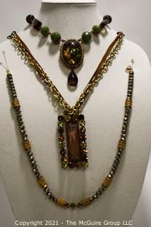 Three (3) Crystal & Stone Beaded Costume Necklaces. 