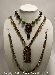 Three (3) Crystal & Stone Beaded Costume Necklaces. 