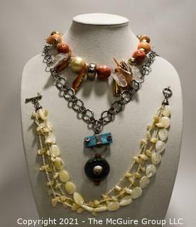 Three (3) Bead Necklaces, Two (2) Made From Mother of Pearl Shell.