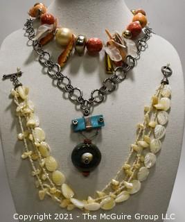 Three (3) Bead Necklaces, Two (2) Made From Mother of Pearl Shell.