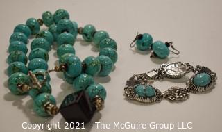 Three (3) Pieces of Turqoise Jewely Including Matching Bead Necklace and Earrings and Silver Toned Metal Bracelet with Inset Stones.