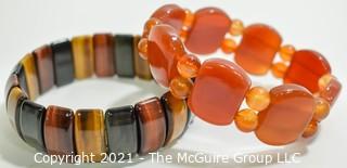 Two (2) Gem Stone Stretch Bracelets - Tigers Eye & Agate