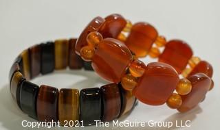 Two (2) Gem Stone Stretch Bracelets - Tigers Eye & Agate