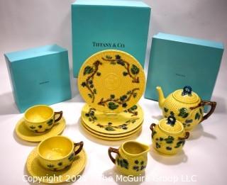 Vintage Tiffany & Co. Majolica Blackberries Tea Set With Fpur (4) Dessert Plates.  New in Tiffany Blue Gift Boxes with Ribbon.  