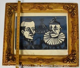 Original Signed and Numbered Framed Under Glass Woodblock of Clowns.  