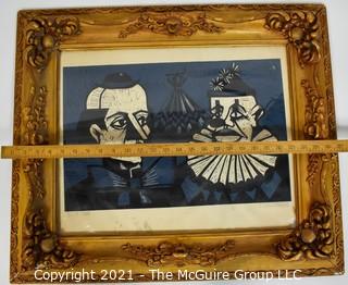 Original Signed and Numbered Framed Under Glass Woodblock of Clowns.  