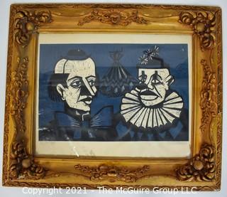 Original Signed and Numbered Framed Under Glass Woodblock of Clowns.  