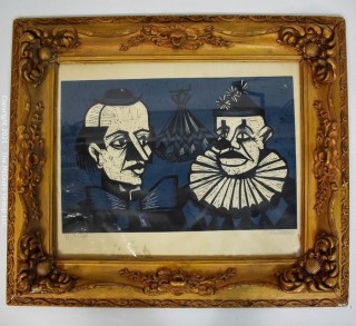 Original Signed and Numbered Framed Under Glass Woodblock of Clowns.  