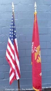 Collectible: Militaria: US Flag (50 stars) and Marine Corp Flag on poles with bases