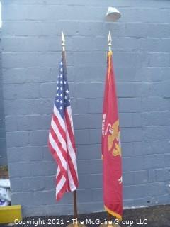 Collectible: Militaria: US Flag (50 stars) and Marine Corp Flag on poles with bases