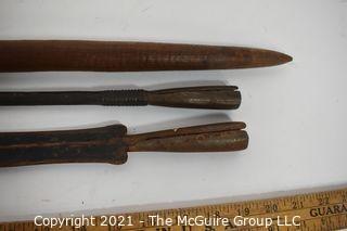 Two (2) Ethnographic Kenyan Hand Crafted Spears - One is Double Pointed on Original Wood Shaft the Other is Metal Spear on Reproduction Pole