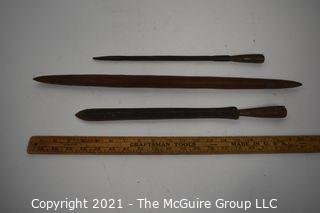 Two (2) Ethnographic Kenyan Hand Crafted Spears - One is Double Pointed on Original Wood Shaft the Other is Metal Spear on Reproduction Pole